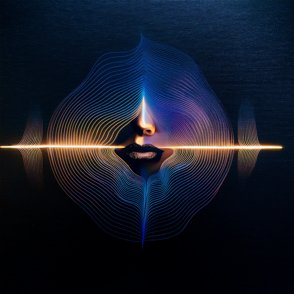 Creative abstract artwork Abstract design featuring a central face surrounded by colorful, wavy lines and a horizontal light beam