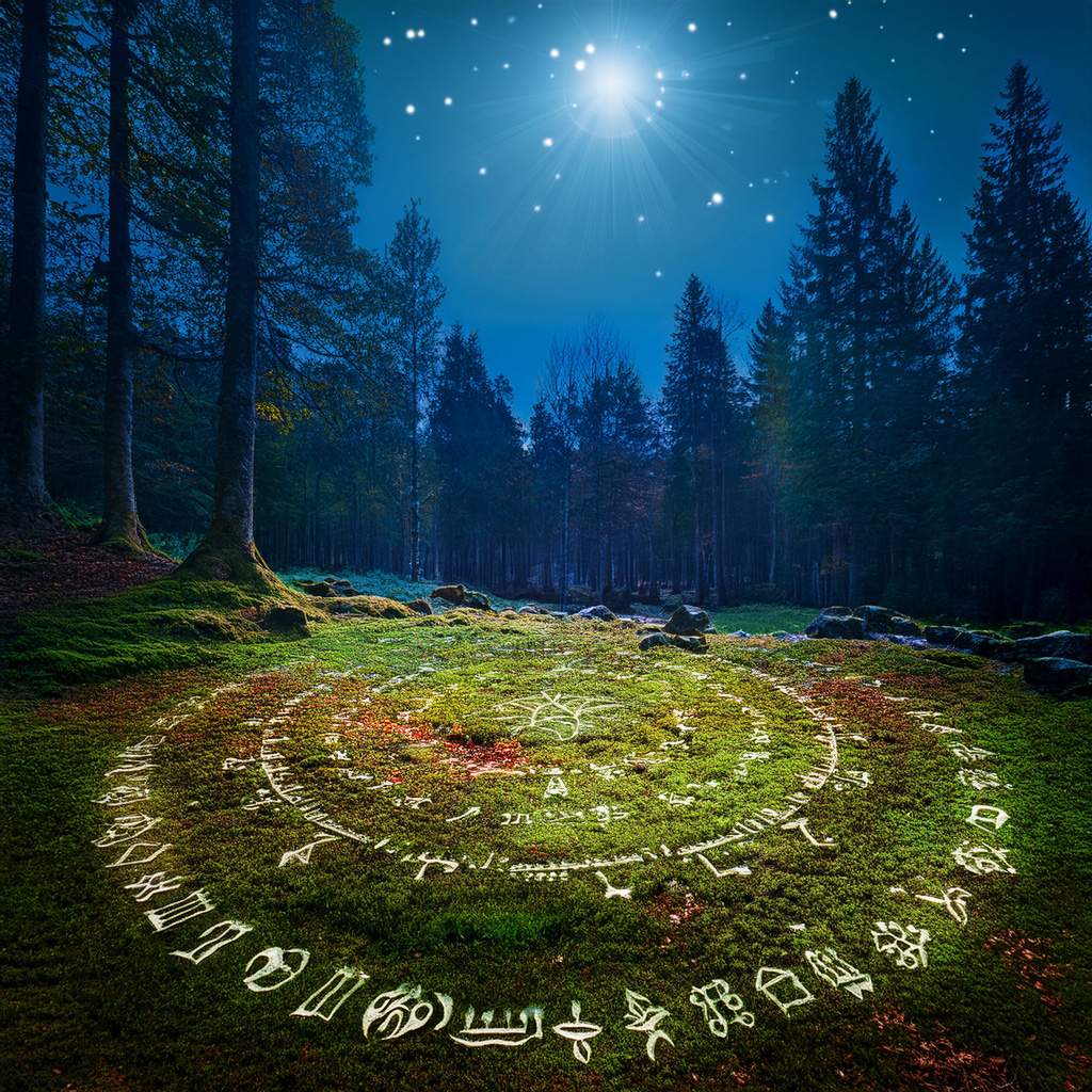 Mystical forest clearing at night with symbolic circular patterns and a starry sky
