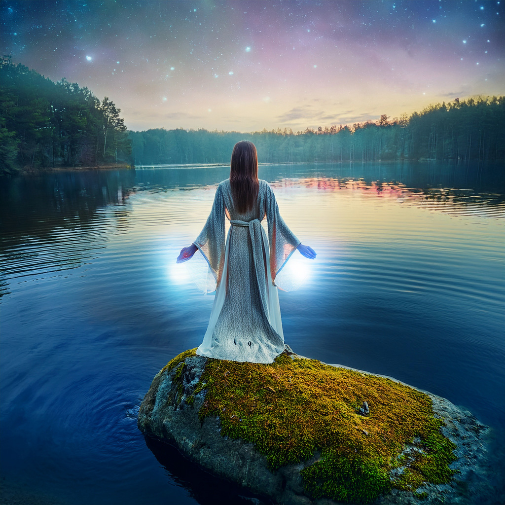 Person in white dress standing on moss-covered rock in the middle of a colorful lake