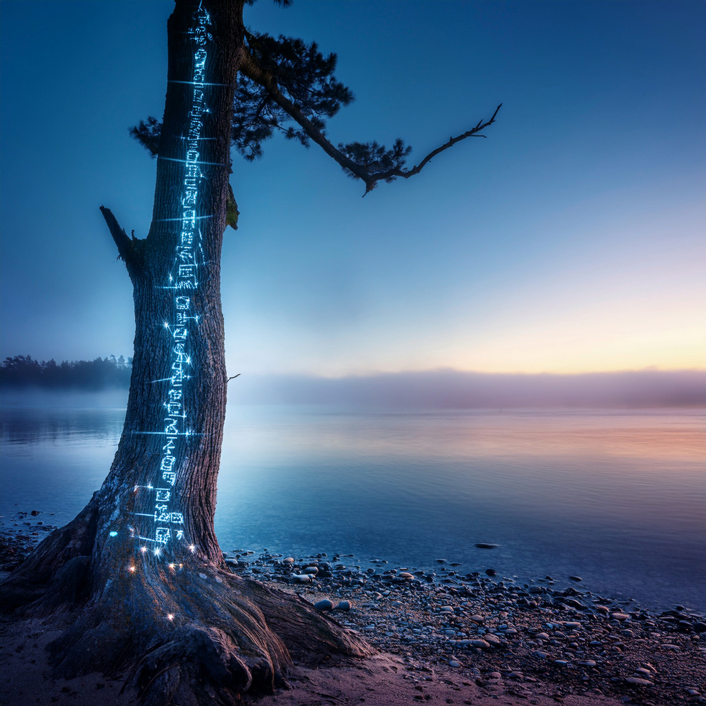 Serene lakeside scene at dusk with a reflective calm body of water and a tree in the foreground